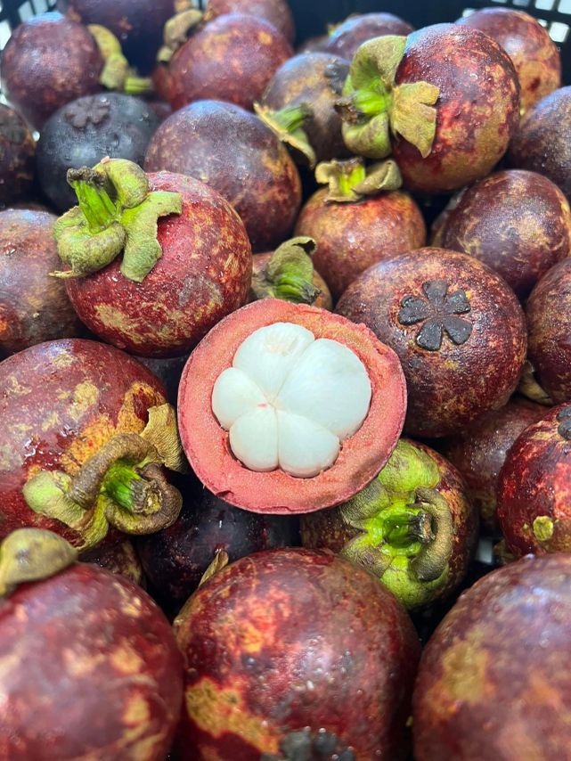 Fresh mangosteen with white fruit revealed